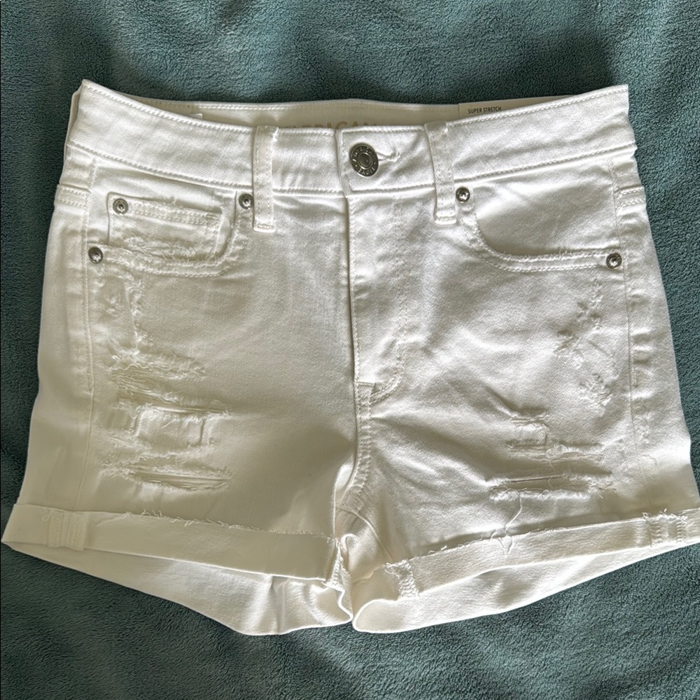 American Eagle White Denim Jean Shorts with Distressed Cuffs